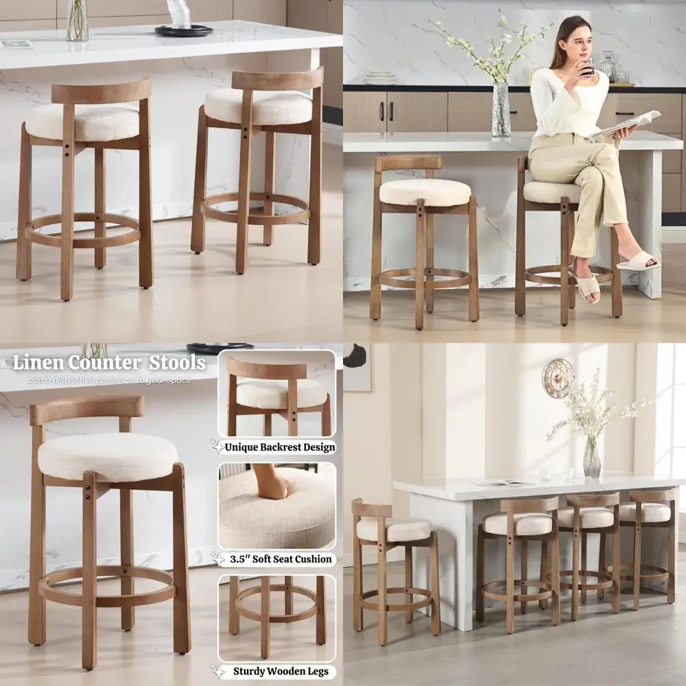 

Набор из 3 барных стульев высотой 26,5 дюймов с льняной обивкой и ножками из массива дерева, бежевый, для кухонного острова или столовой