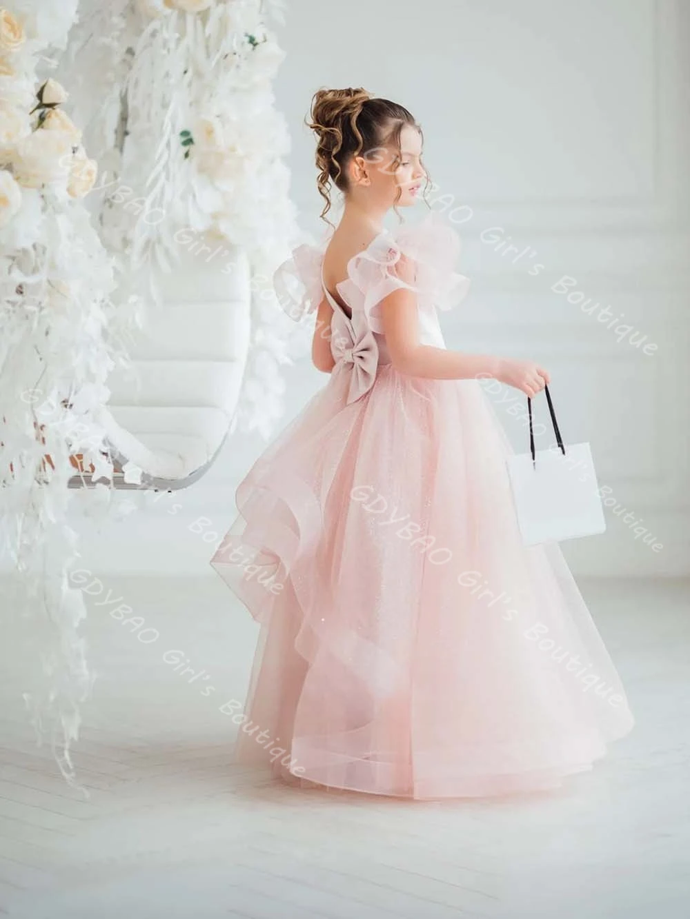 어린 소녀 핑크 미인 대회 드레스 오픈 백 프릴 Tulle 공주 꽃 소녀 드레스 a 라인 맞춤형 어린이 생일 파티 가운