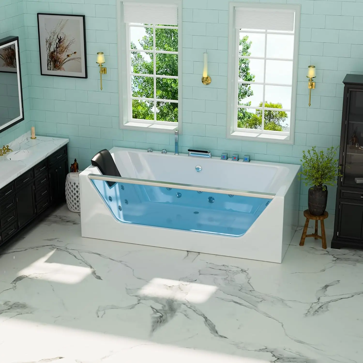 

67” Whirlpool Bathtub with Chromatherapy, Hydrotherapy Jetted Bathtub with Glass Panel, 11 Jets,3-Side Apron,67 Gallons, White