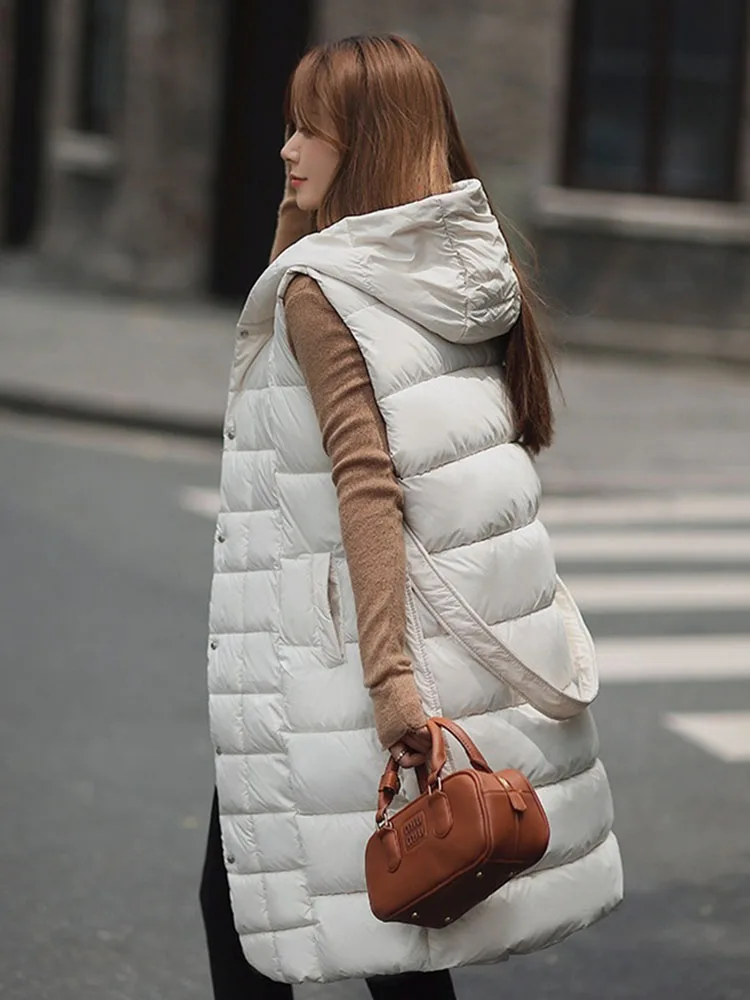 Autumn Winter Waistcoat Women Long Vest Parka Down Cotton-padded Jacket Sleeveless Hooded Outerwear Female Loose Belt Warm Coats