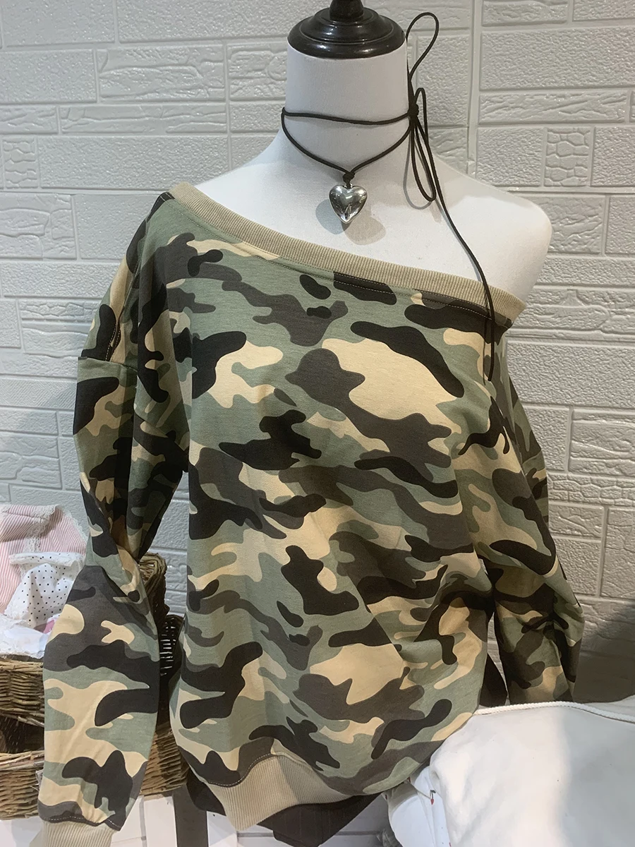 Camouflage Loose Sweatshirts Autumn Sexy Slash Neck Long Sleeve Cotton Pullovers Vintage Streetwear Woman's Hoodies Y2k Tops