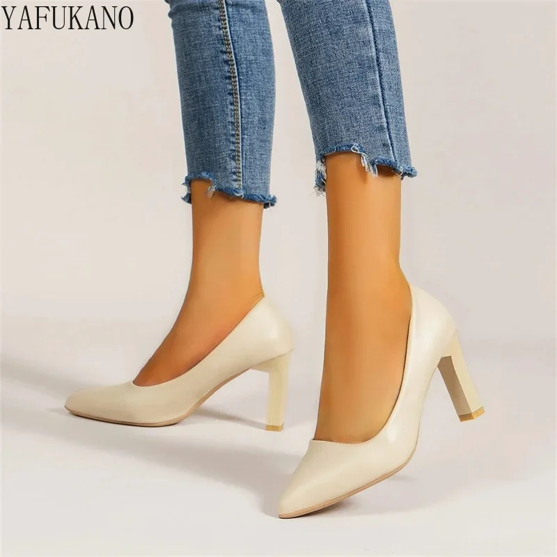 Fashion Point Toe Chunky Heeled Ladies Pumps Simple Black Office Work Single Shoes Comfort Small Thick Heel High Heels