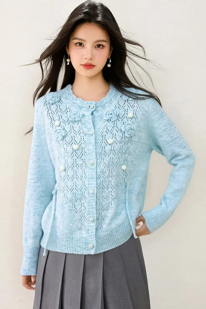 新品、秋、冬、韓国風、セーター、ファッション、セクシー、透かし彫り、3D、花、女性、長袖、ニット、カーディガン、ボタン、トップス、5102205