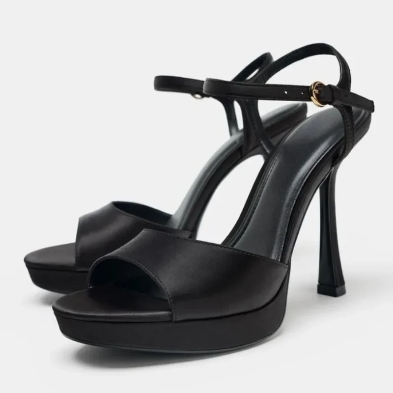 

Sexy Platform High Heels Women Silk Peep Toe Ankle Strap Sandals for Women Balck Mature Fashion Designer Party Dress Shoes