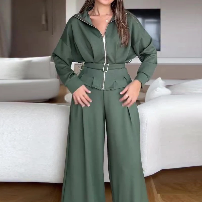 New Lapel Long Sleeve Zipper Tops&Pocket Pants Sets Fashion Casual Women's Sport Sets Elegant High Waist Belt Commute Two Piece