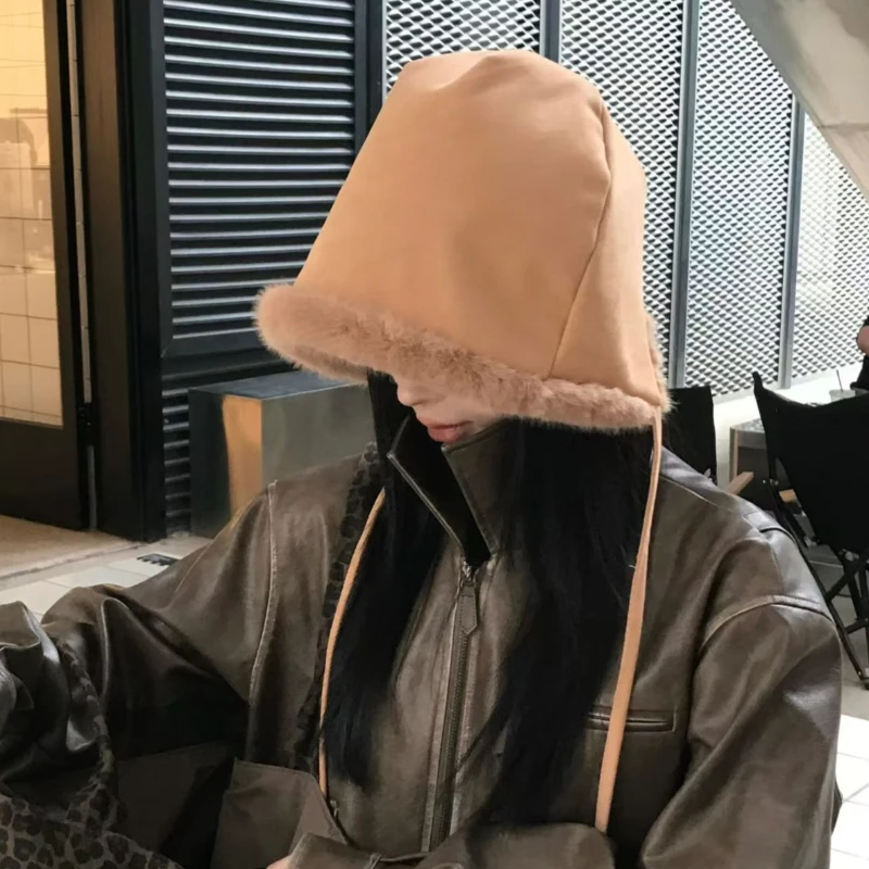 الكورية سميكة الجلد المدبوغ لطيف حزام دلو القبعات للنساء الخريف والشتاء السفر الدافئة تنوعا تظهر الوجه قبعة ليو فنغ الصغيرة #1