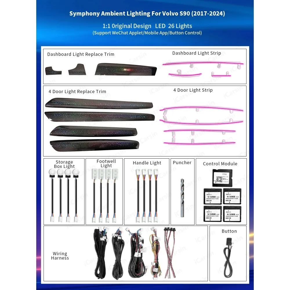 

Обновление 256-цветного светодиодного внутреннего освещения автомобиля для Volvo S90 2017-2024, аксессуары для украшения ленты