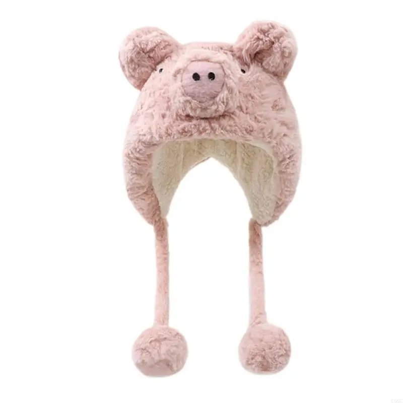 G5GC Cartoon Pig Plush Hat Fun Earflap Designs Thermal Furry Animal Hat for Kids Teens Adults Cosplay Party Winter Headwear