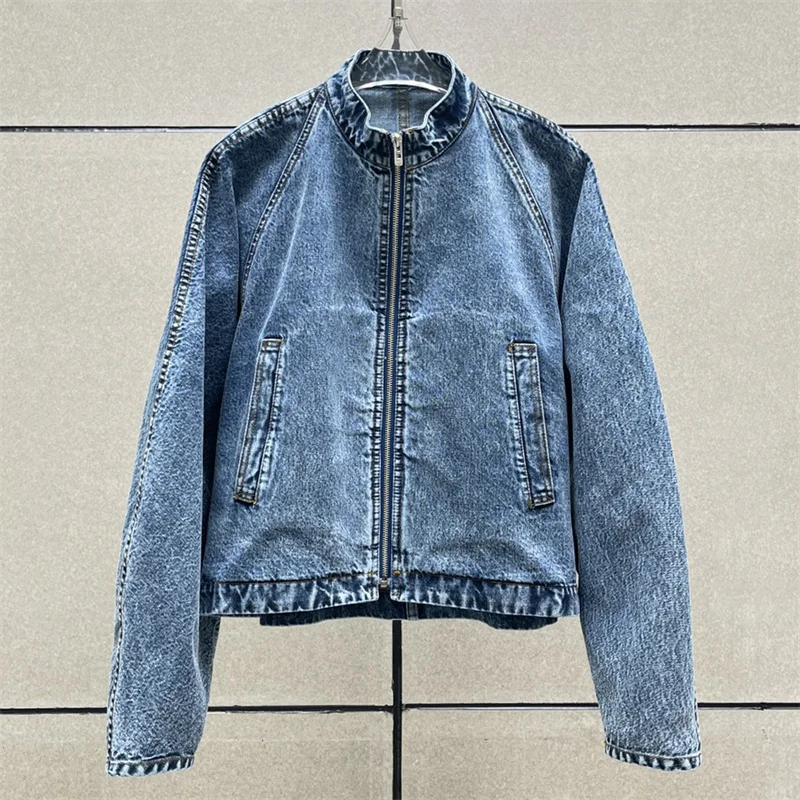 

Женские куртки Новый ретро стираный топ с воротником-стойкой и длинными рукавами на лето 2025, высококачественная джинсовая куртка из чистого хлопка, пальто y2k