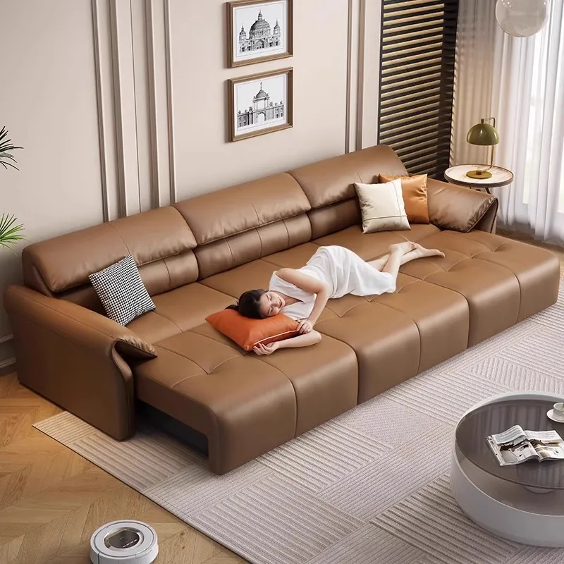 

Electric leather sofa bed living room zero wall telescopic dual-purpose small apartment straight row