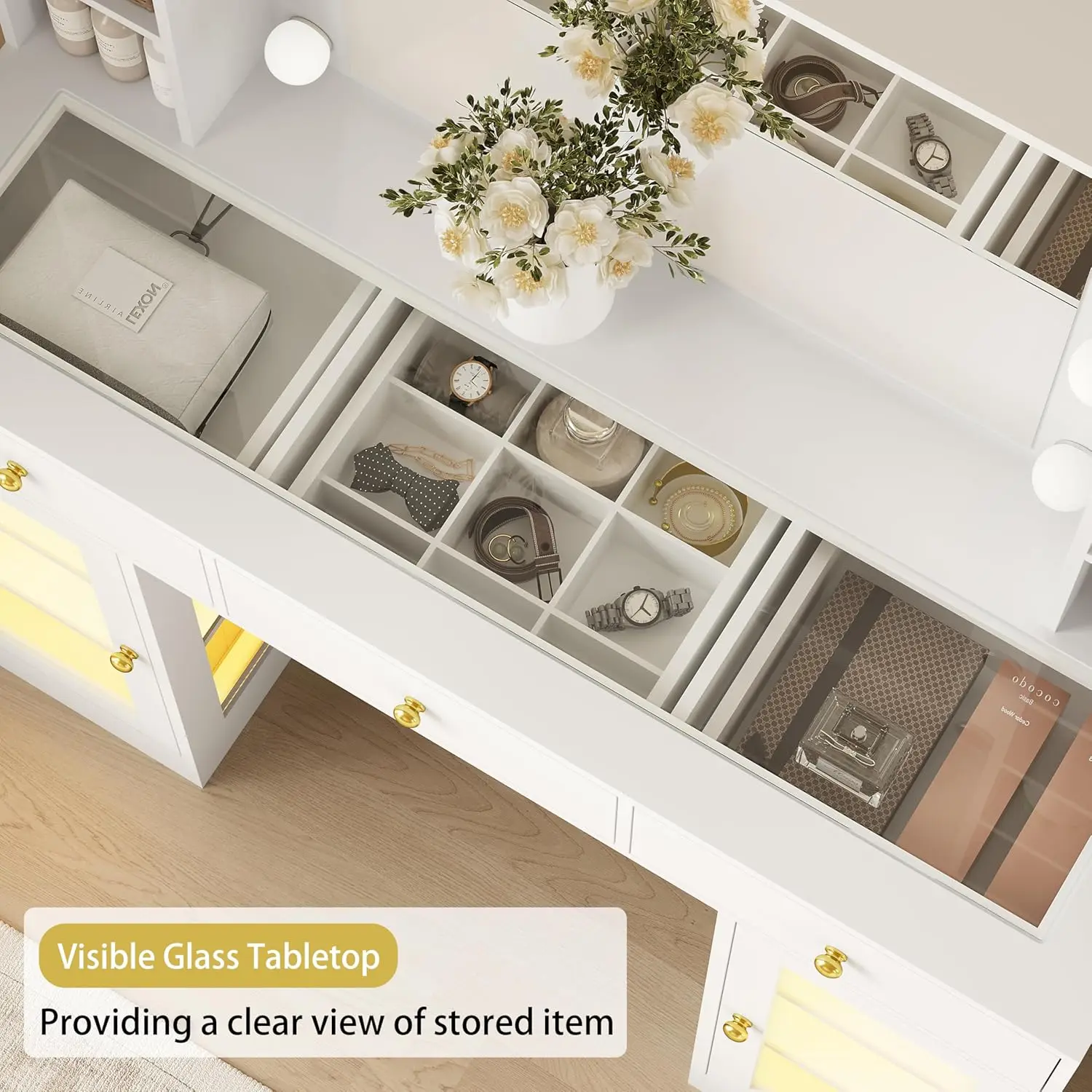 화이트 화장대 세트 (거울 및 조명 포함) – 서랍, RGB 3색 LED 조명, 유리 상판 및 전원 콘센트 포함