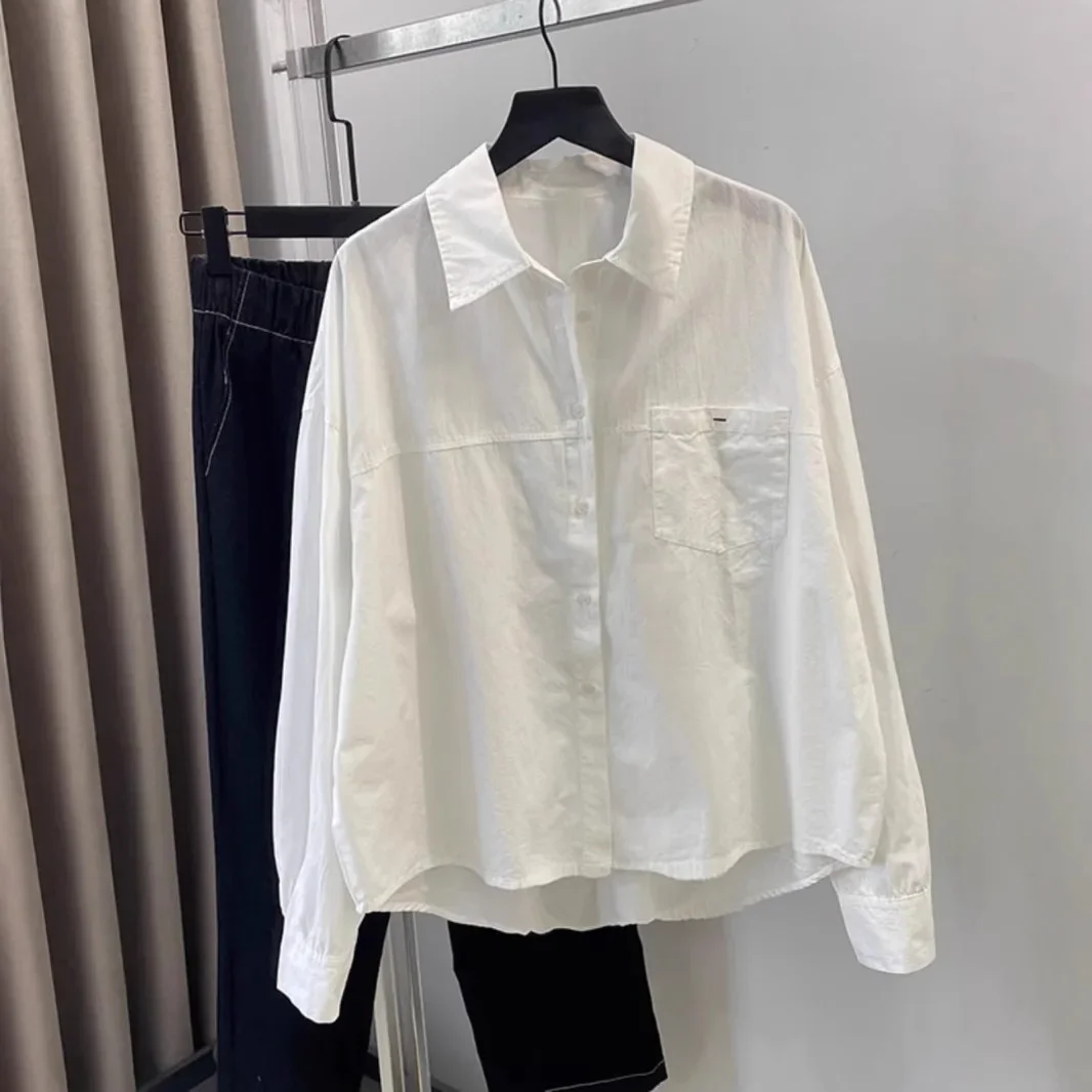 

Shirt women's2025 spring clothes new Korean version loose and thin pockets solid color shirt versatile long-sleeved top cardigan
