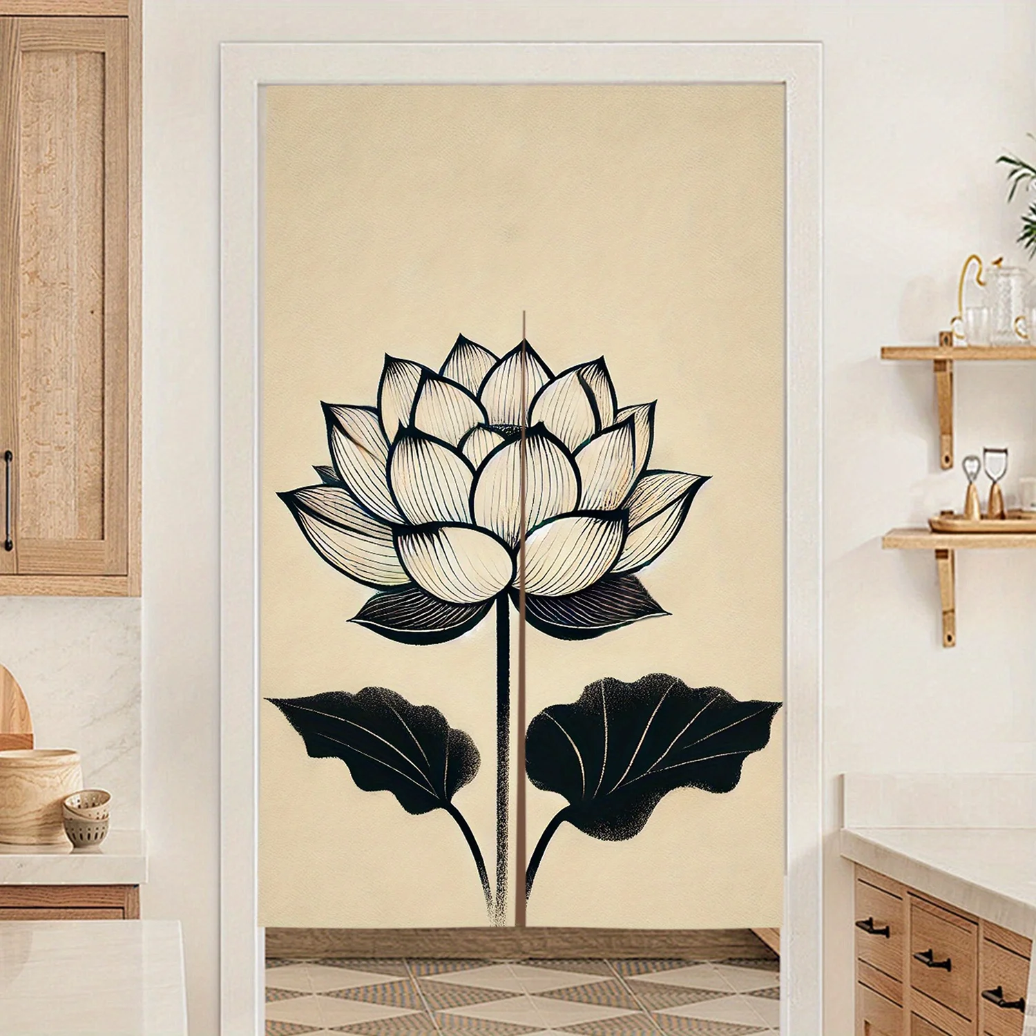 1pc Black and white lotus pattern door curtain polyester fabric machine washable, suitable for restaurant and kitchen decoration