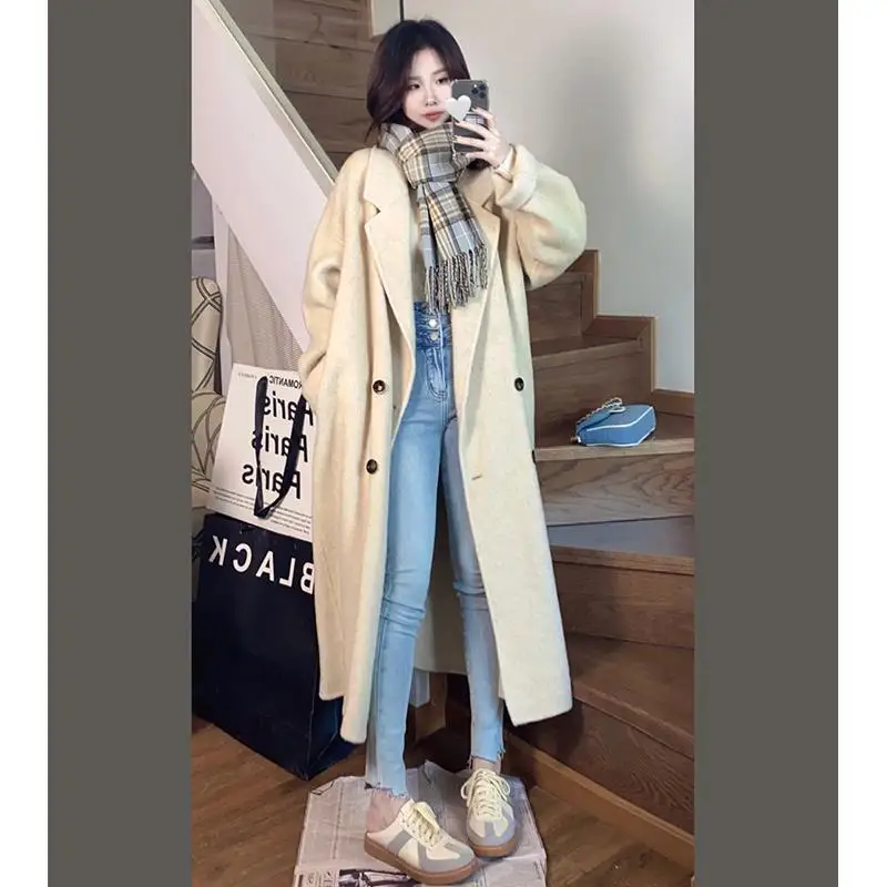 

Wool Jacket Women Long Coat Woolen Overcoat Thicken Autumn Winter Vintage Double Breasted Turn Down Collar Office Lady Outerwear