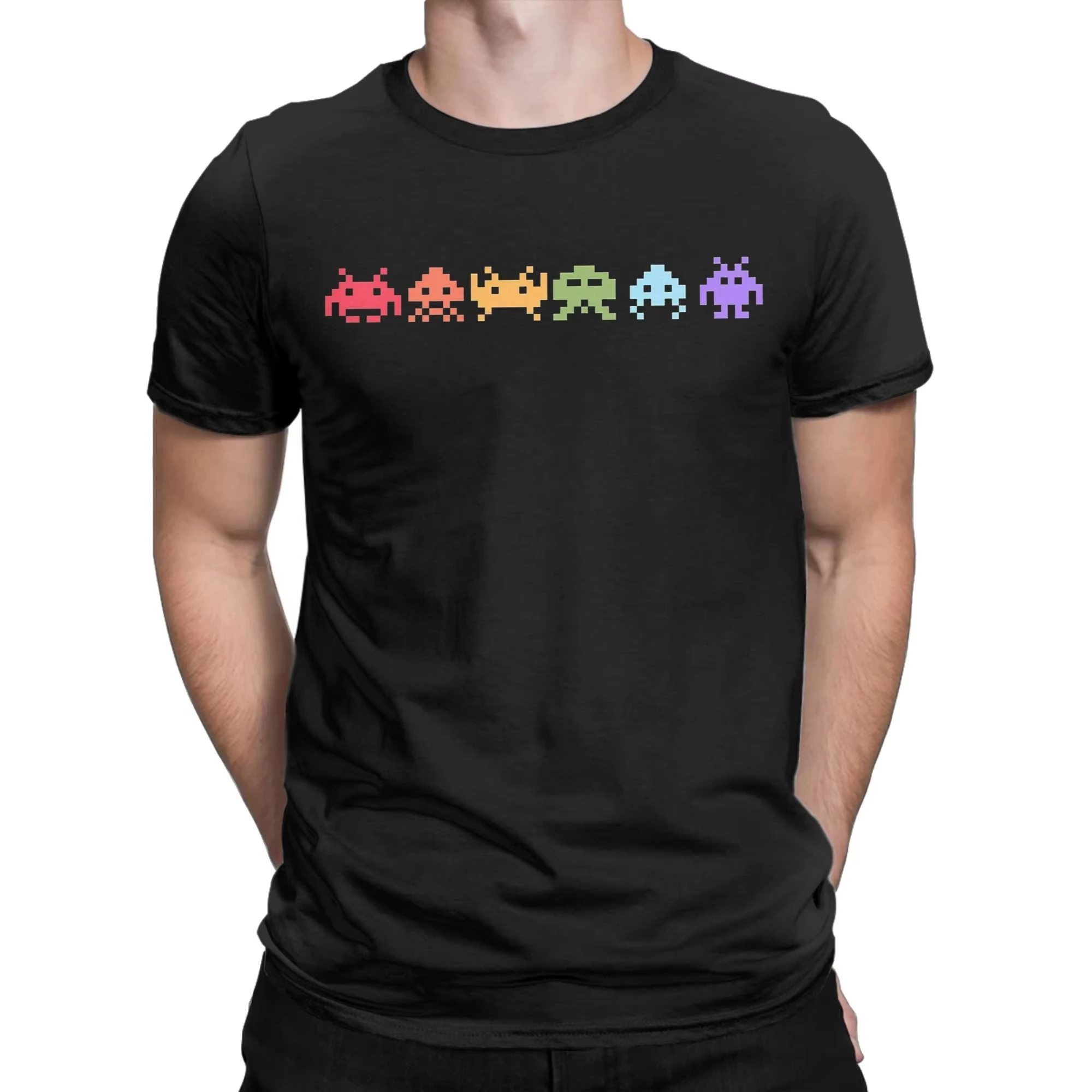 2026 New Space Invaders Pixel Art Rainbow Aliens T-Shirt Men Pure Cotton Tee Shirt Neck Short Sleeve T Shirt Gift Idea Clothing