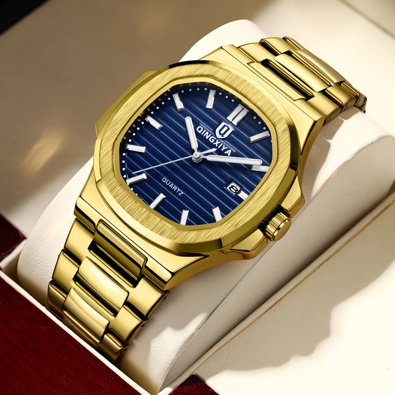 

QINGXIYA Brand Luxury Gold Blue Quartz Watch for Men Stainless Steel Waterproof Luminous Calendar Fashion Square Dial Mens Watch