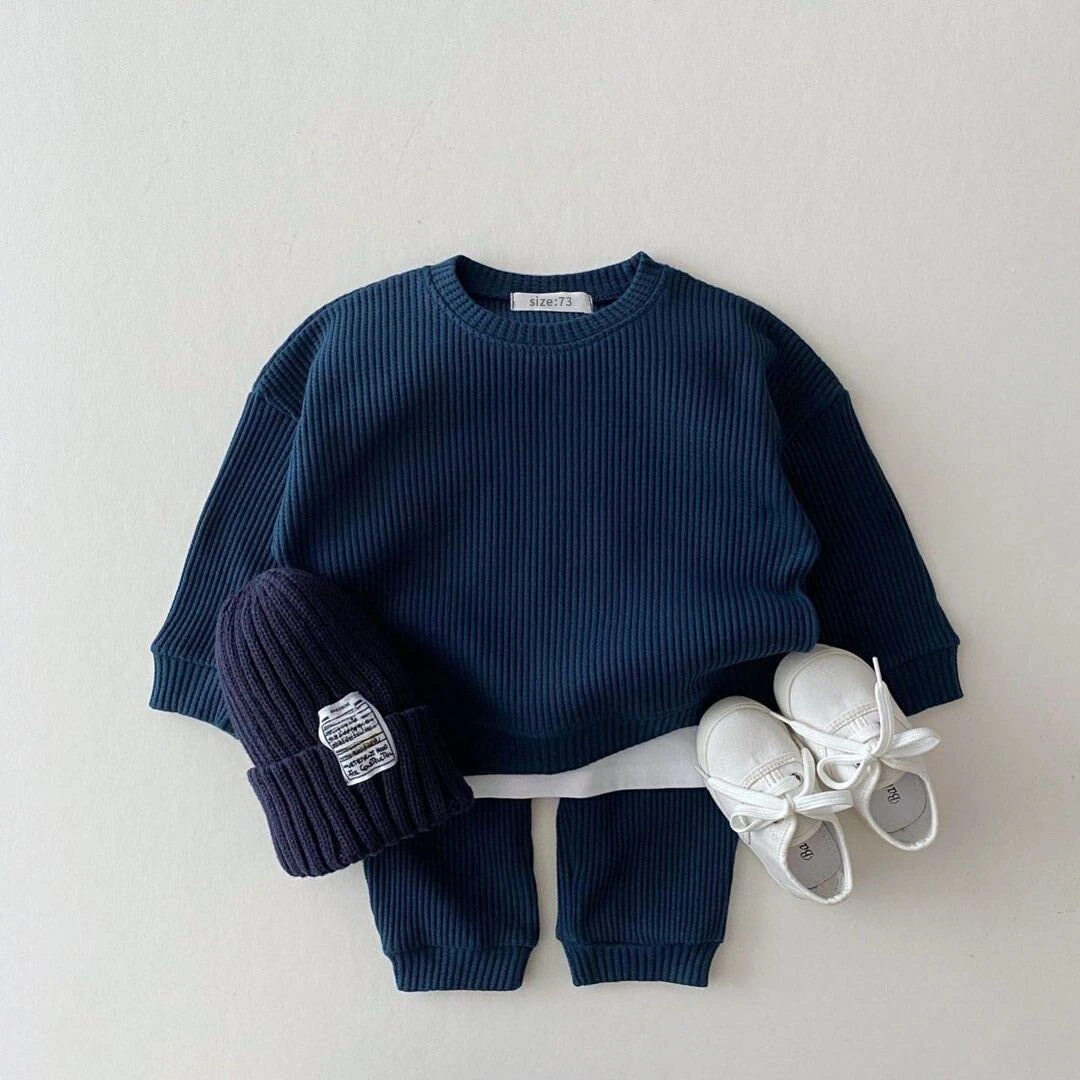 2024 Korea Toddler Baby Clothing Sets For Infant Baby Boys Clothes Set Mock Two-piece Waffle Cotton Sweatshirt+Pants 2pcs Outfit