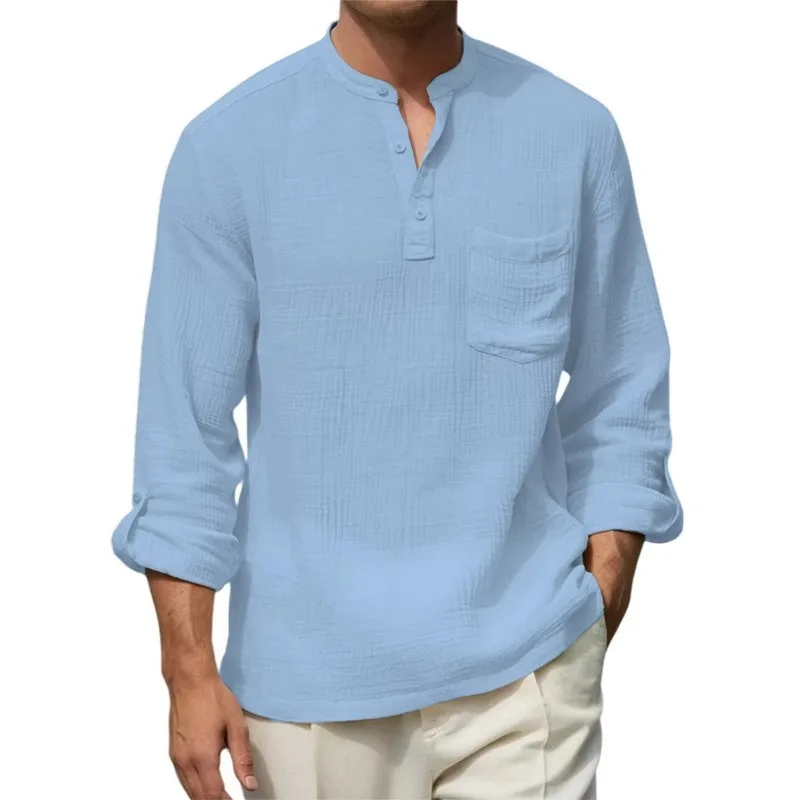 Men's Blue Textured Henley Shirt with Stand Collar Chest Pocket Roll Up Long Sleeve Casual Top view 4