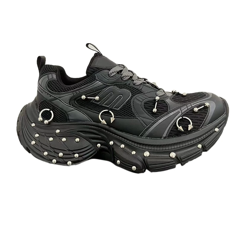 

Women's Studded Platform Sneakers Fashion Couple Casual Shoes Mesh Breathable Lace-up Flatshoes Comfort Thick Heightening Shoes