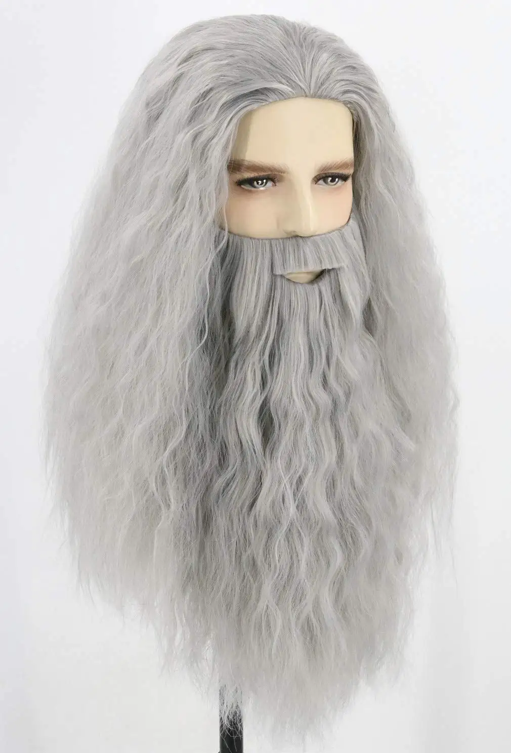 Pelucas y barba de cosplay grises para hombre de anime, cosplay de pelo sintético gris HallAnime Pelucas de cosplay grises para hombre y Beardoween, peluca de Navidad