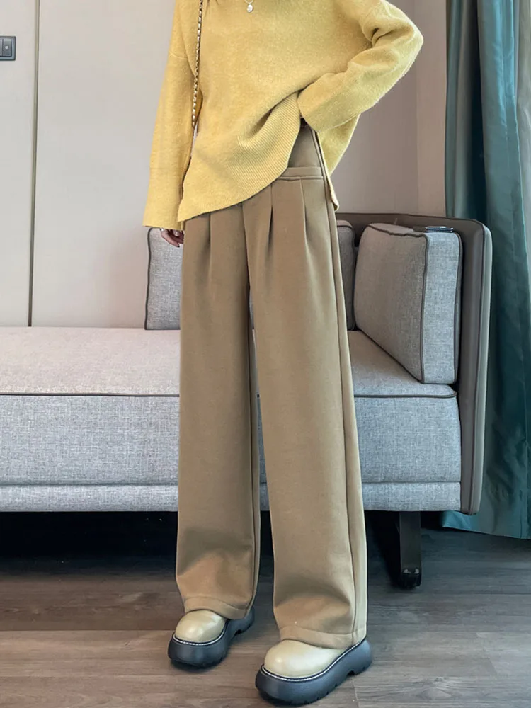 Woolen High Waisted Pants Thickened Women's Casual Straight Pantalones Elastic Korean Fashion Loose Wide Leg Hosen Trousers