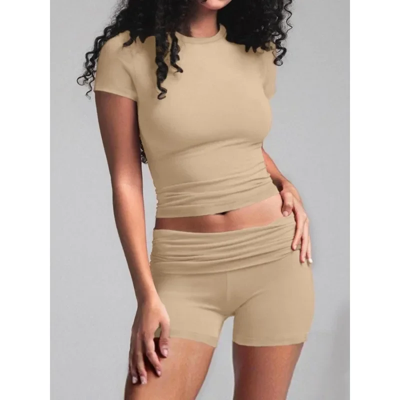 Conjunto de Top de manga corta y pantalones cortos plisados de cintura alta para mujer, talla grande 1XL-5XL, Color sólido, informal, cómodo, cuello redondo