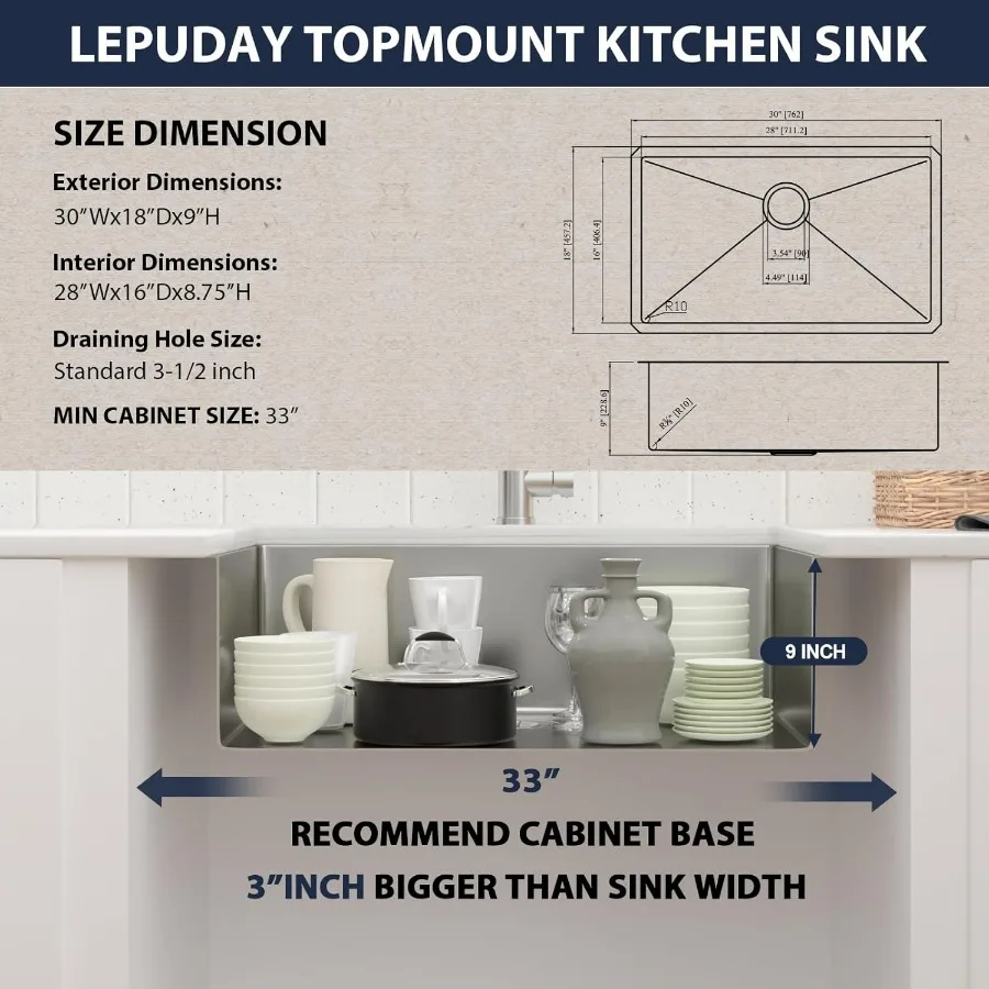 حوض مطبخ سفلي 30 × 18 بوصة وعاء واحد عميق 18 مقياس من الفولاذ المقاوم للصدأ تحت حوض أحواض المطبخ مع حوض R10 مستدير C