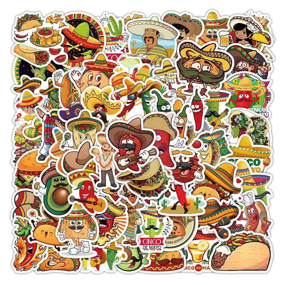 60Pcs Mexican Food Pizza Taco Stickers Skateboard Phone Laptop Luggage Cute Sticker Waterproof Funny Festival Decals for Kids