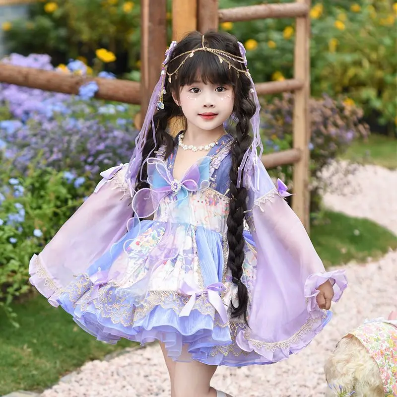 

Baby Girls Autumn Spring Purple Floral Lolita Layed Lace Princess Ball Gown Dress for Birthday Holiday Party Eid Child Clothing