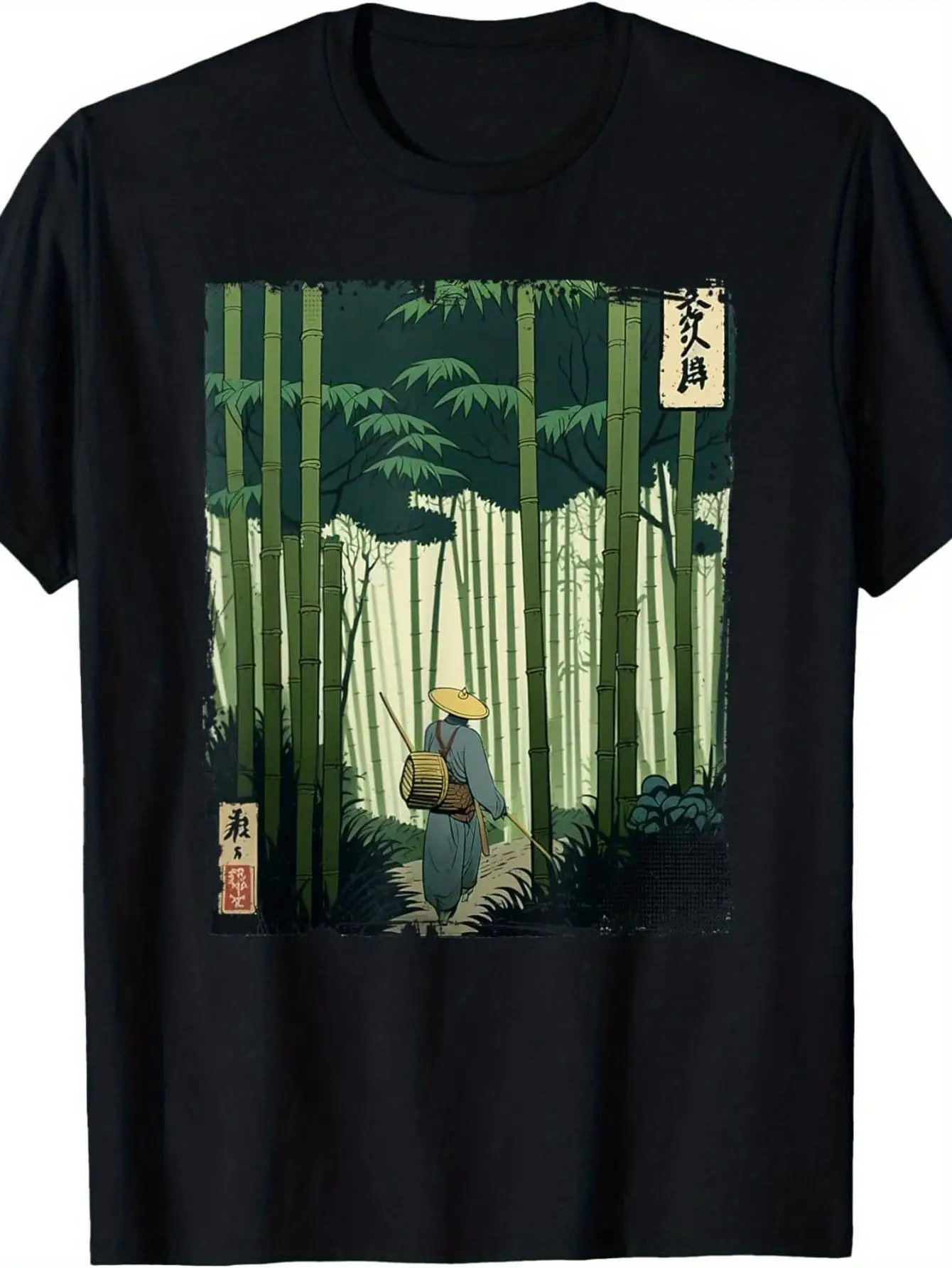 

Japanese-style bamboo wood print retro T-shirt - neutral short-sleeved T-shirt with traditional ukiyo-e samurai