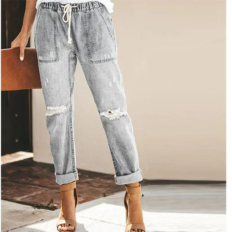 New 2022 Summer Sexy temperament European and American denim straight leg pants with elastic oversized women\'s jeans ripped