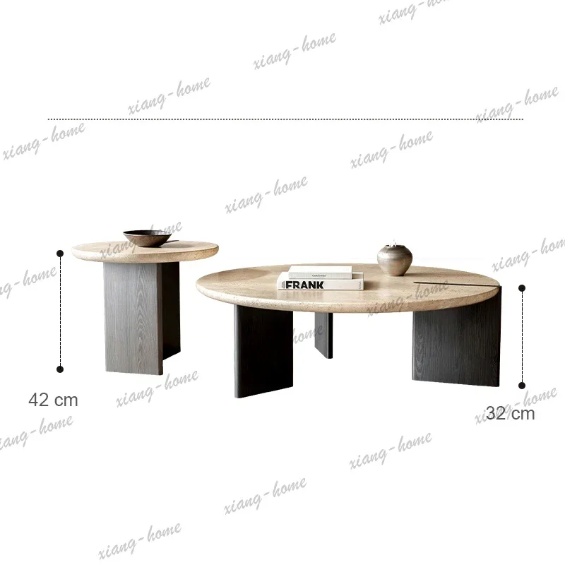 YJ Solid Wood&Travertine Coffee Table, Mid-Century Modern Designer Round Table, Heat&Scratch Resistant, Natural Veining, Customi