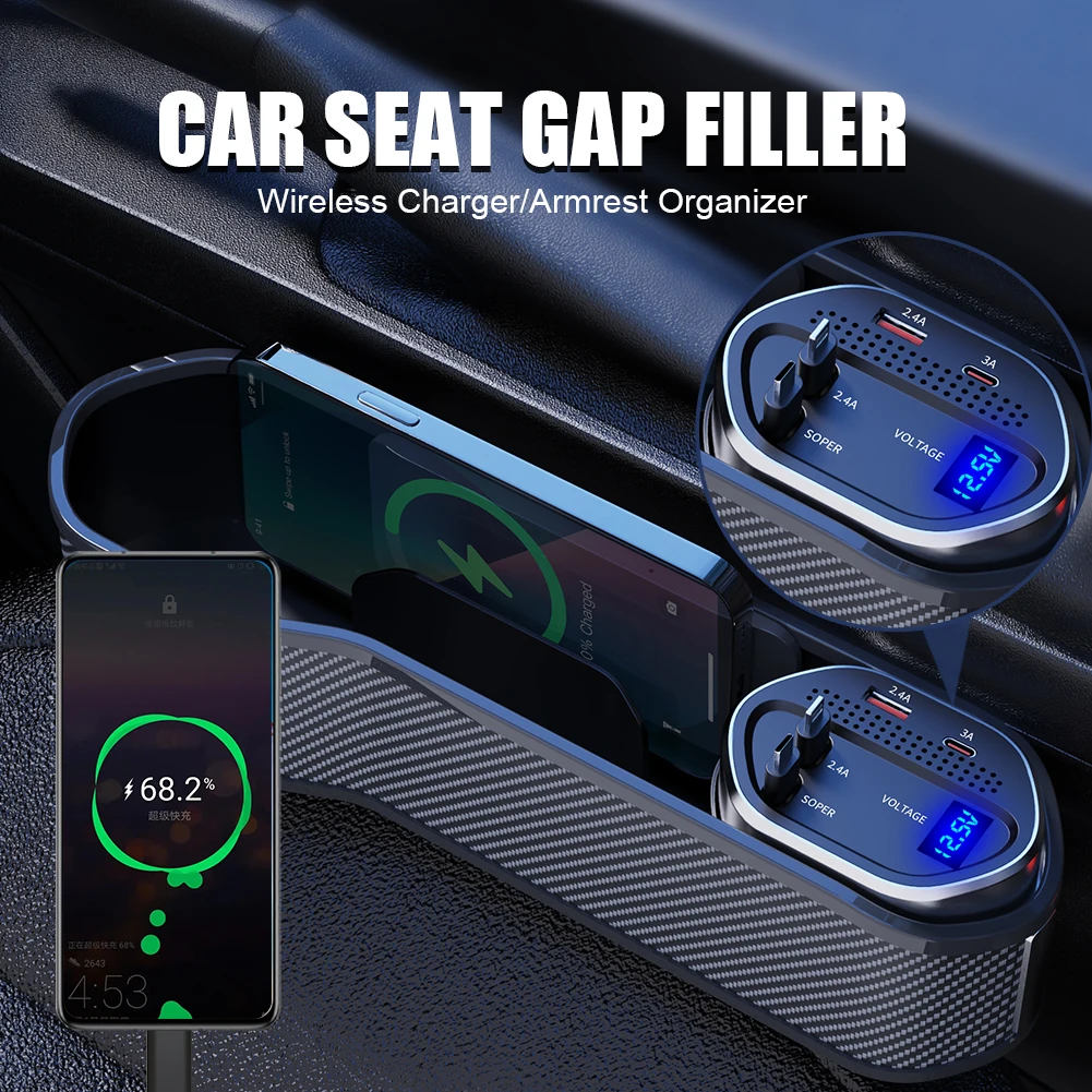 

Car Seat Gap Filler with Wireless Charger Universal Center Console Organizer Car Storage Box Type-C Fast Charging For Left Right