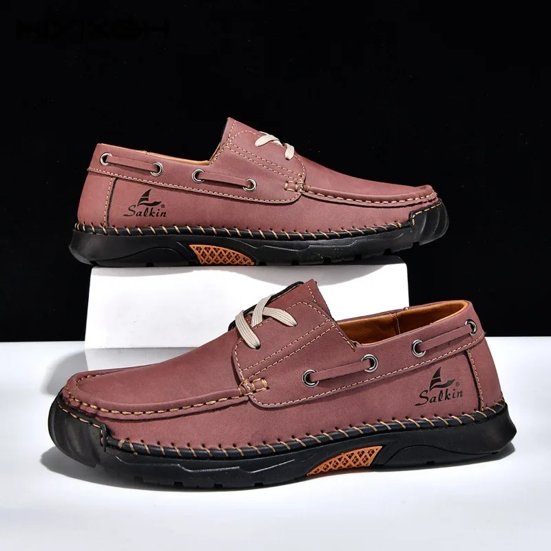 New Style Men's Casual Leather Shoes Handmade Stitching PU Leather Work Boots Anti-slip Wear Resistant Outdoor Male Footwear