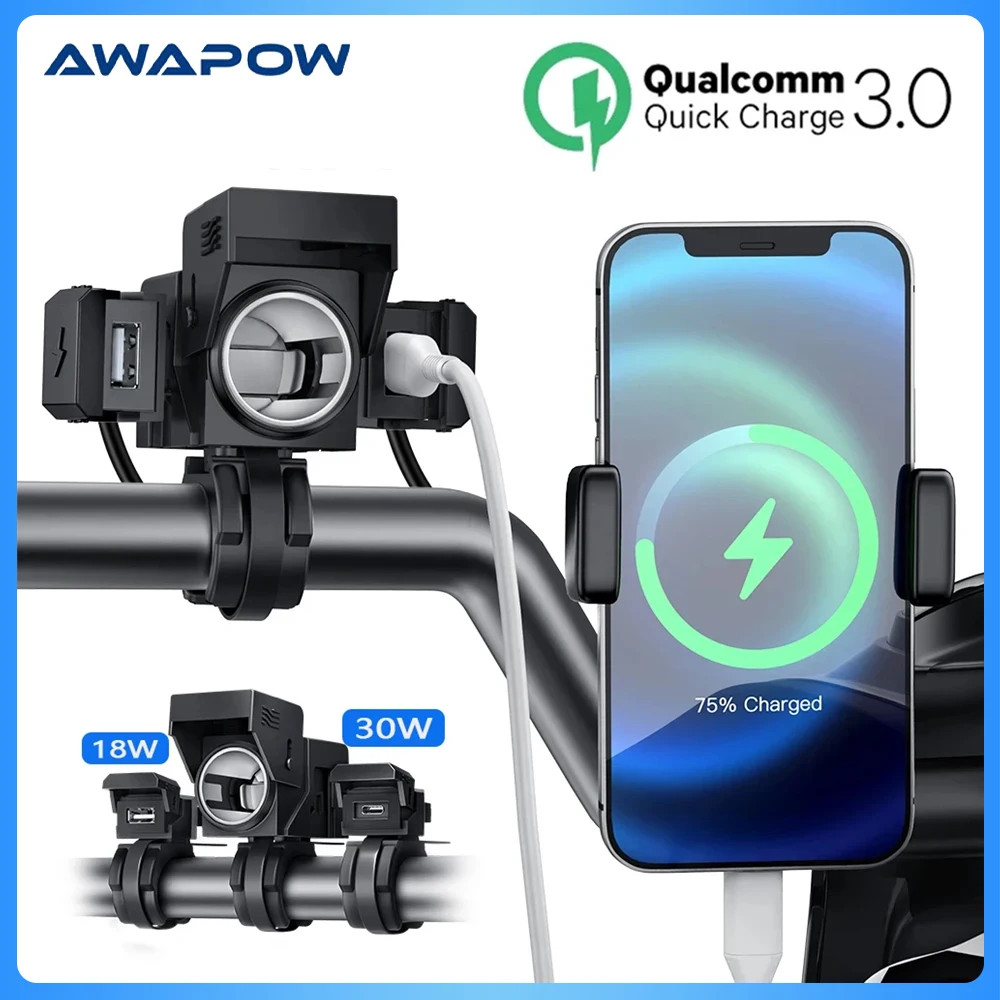 3 IN 1 Motorcycle Car USB Charger Type-C PD QC3.0 Handlebar Fast Charging Waterproof Mounting Bracket Phone Charger