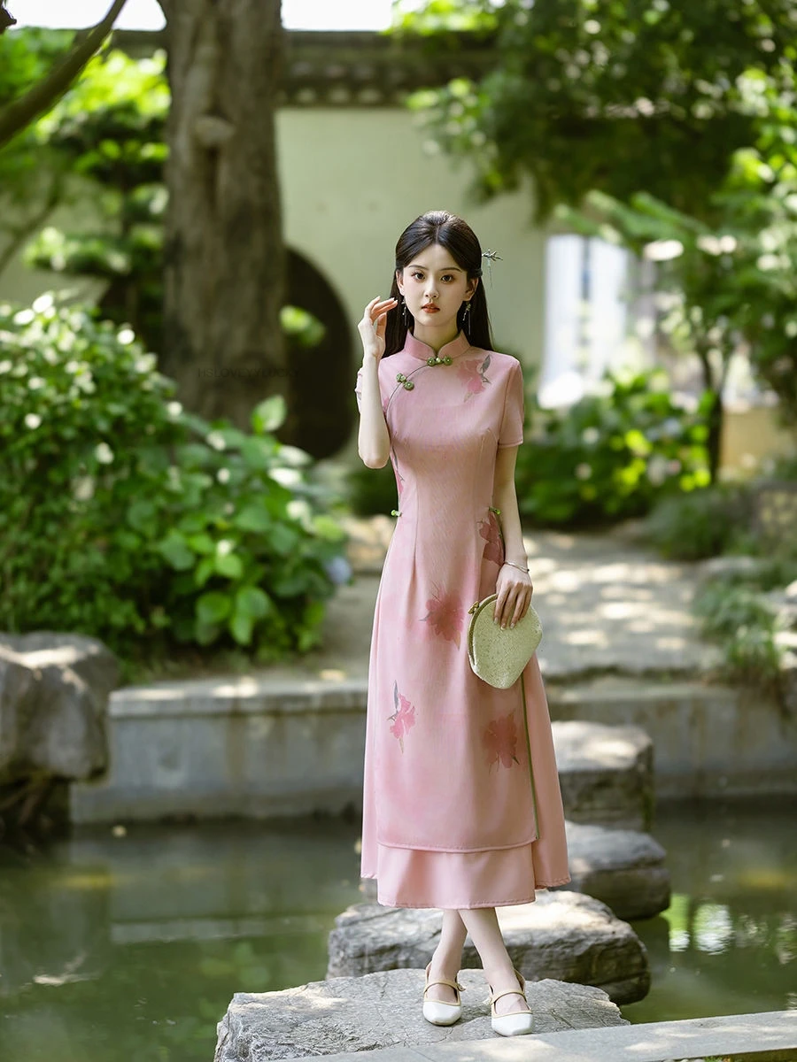 Retro Chinese Style women's Cheongsam Dress Improved Aodai Elegant Long  Sleeve Pink Aodai Dress Short Sleeve Vietnam Ao Dai - AliExpress 200000532