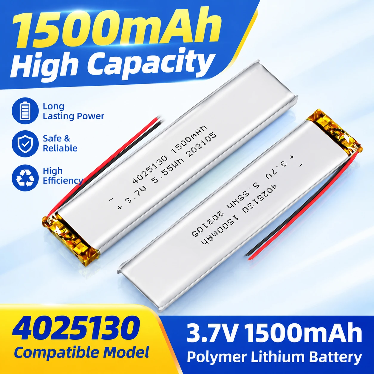 3.7V 1500mAh 4025130 Lithium‑Polymer Lipo Rechargeable Battery Cell, Compatible with Cabinet Light Stair Sensor Lamp LED Light