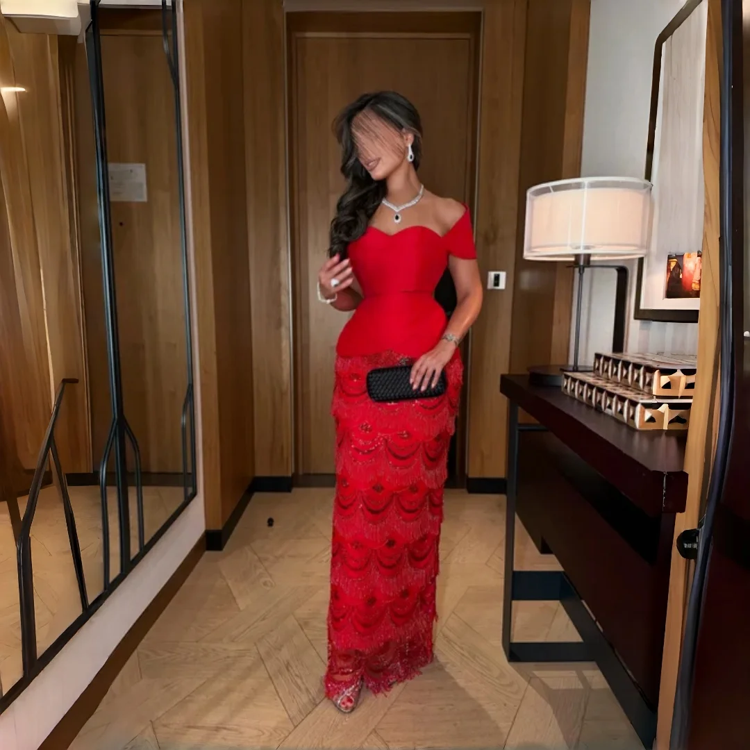 Wishah Customized Mermaid Luxurious Glam Red Tassel Sequin Evening Dress Off The Shoulder Short Sleeve Floor Length Party Gowns
