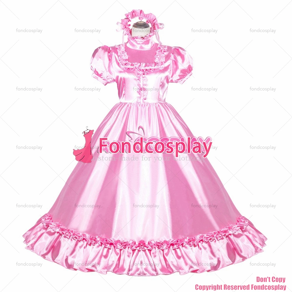 fondcosplay adult sexy cross dressing sissy maid long French Lockable Baby Pink satin long Dress Uniform CD/TV[G4008]