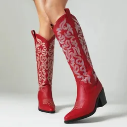 Vintage Embroidery Chunky High Heeled Western Boots Women Brand New Knee High Cowboy Women Shoes Stylish Red Comfy Shoes