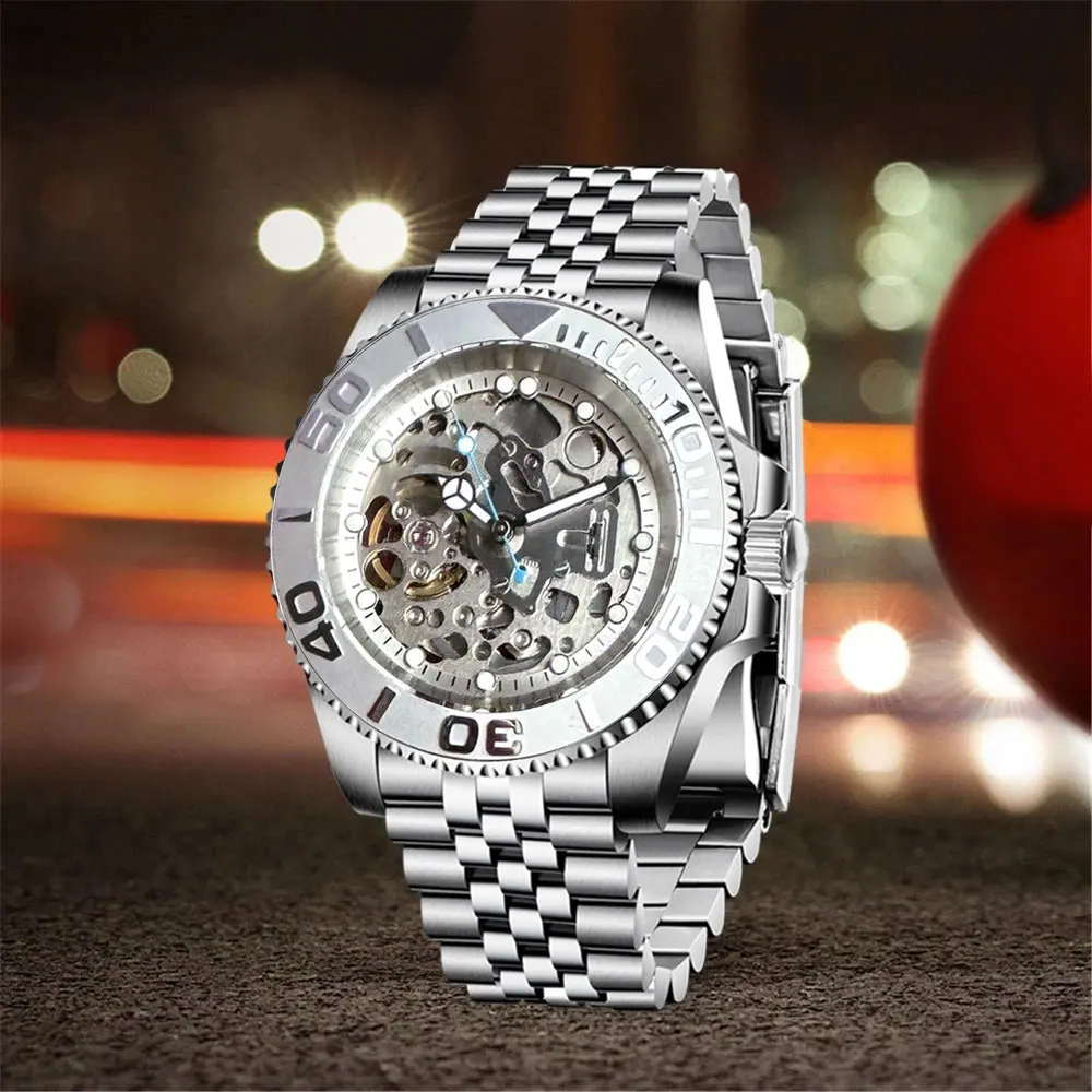 Nologo Hollow-out Skeleton NH70 Watch for Men Steel Blue Hand 120 Clicks Bezel Reloj Hombre Glass Back