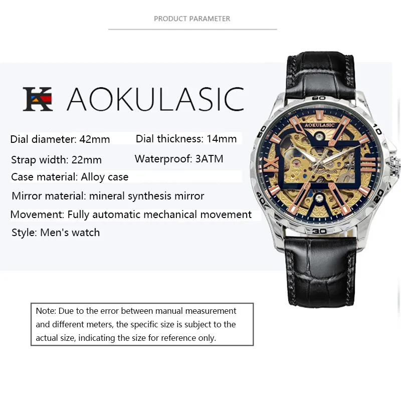 AOKULASIC Brand Men Mechanical Watch Skeleton Business Waterproof Automatic Watches Man Stainless Steel Leather Strap Wristwatch