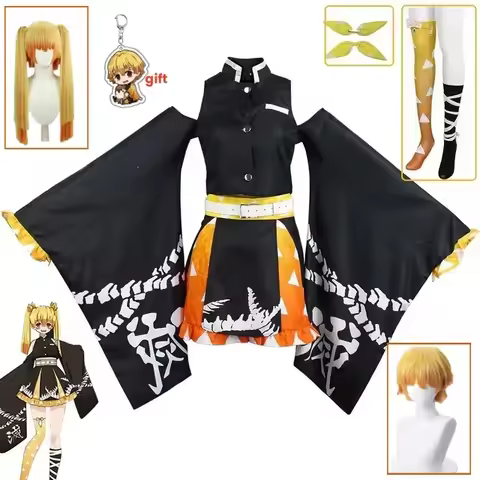 Anime Demon Killer Agatsuma Zenitsu Cosplay Costume Slayers Female Long Braid Wig Zenitsu Black Dress Elegant Summer Wig Outfits