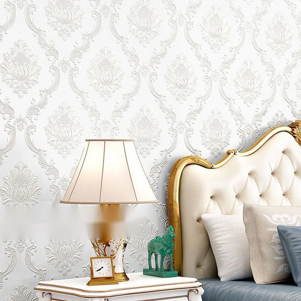 White Embossed Damask Wallpaper Plain Solid color Damascus Texture Wall Paper for Bedroom Living room Tv Background Decor