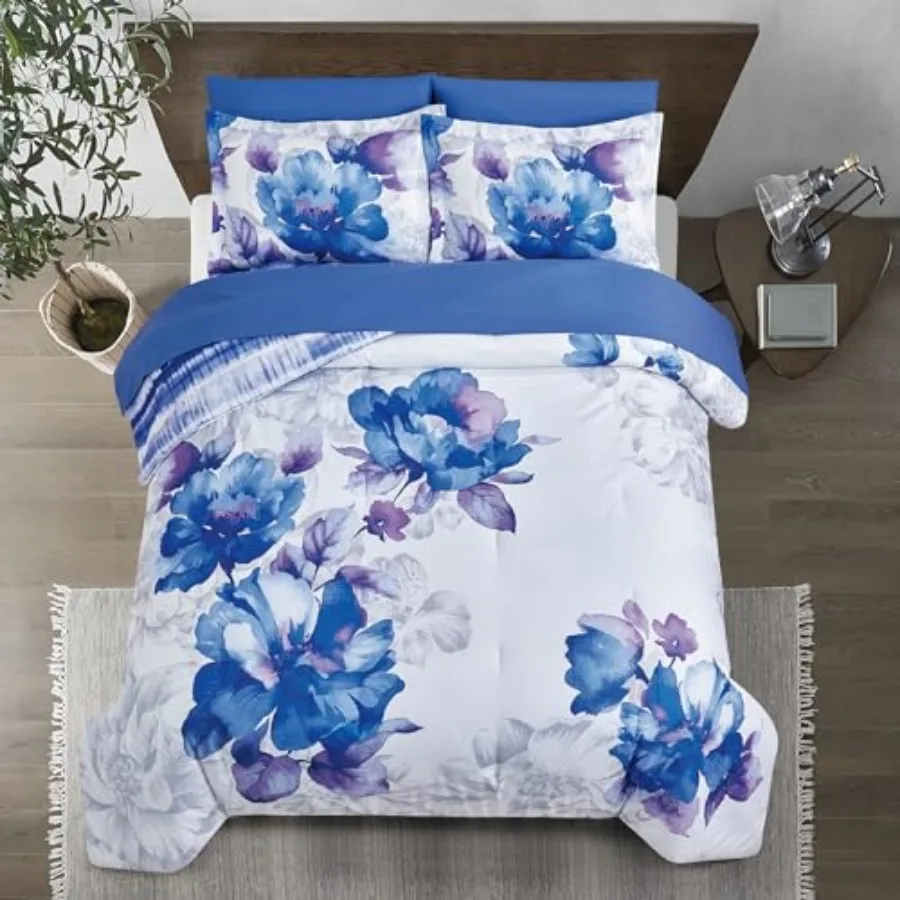 Soft Brushed Microfiber Comforter Set 7 Pieces with Light Weight Soft Poly Fill Printed Grey Big Florals Face with Print Revers