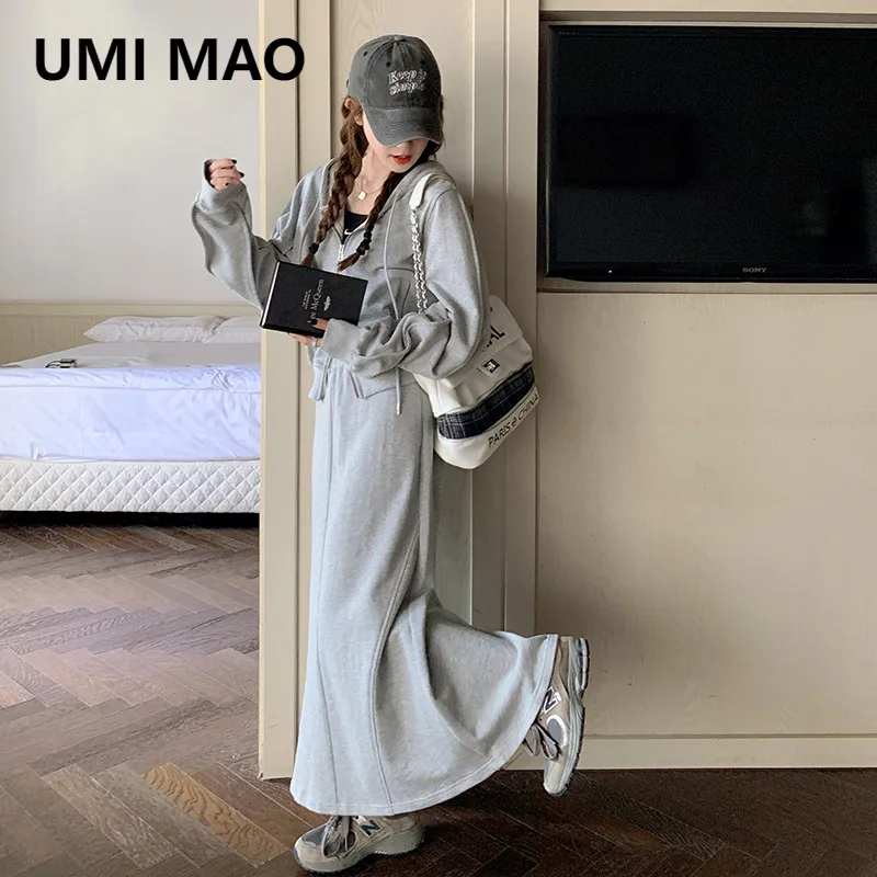 

UMI MAO Высококачественная толстовка с капюшоном Femme, универсальная повседневная осенняя мода, комплект из двух предметов, серая юбка с капюшоном, топ для женщин