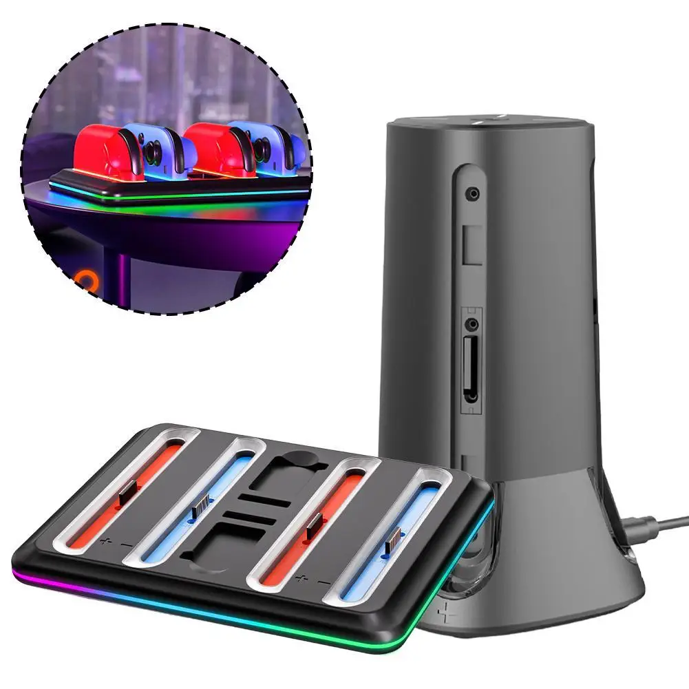   قاعدة شحن وحدة تحكم الألعاب نينتندو سويتش 2 مع أضواء ملونة RGB رائعة لوحدة تحكم ألعاب Joycon سريعة