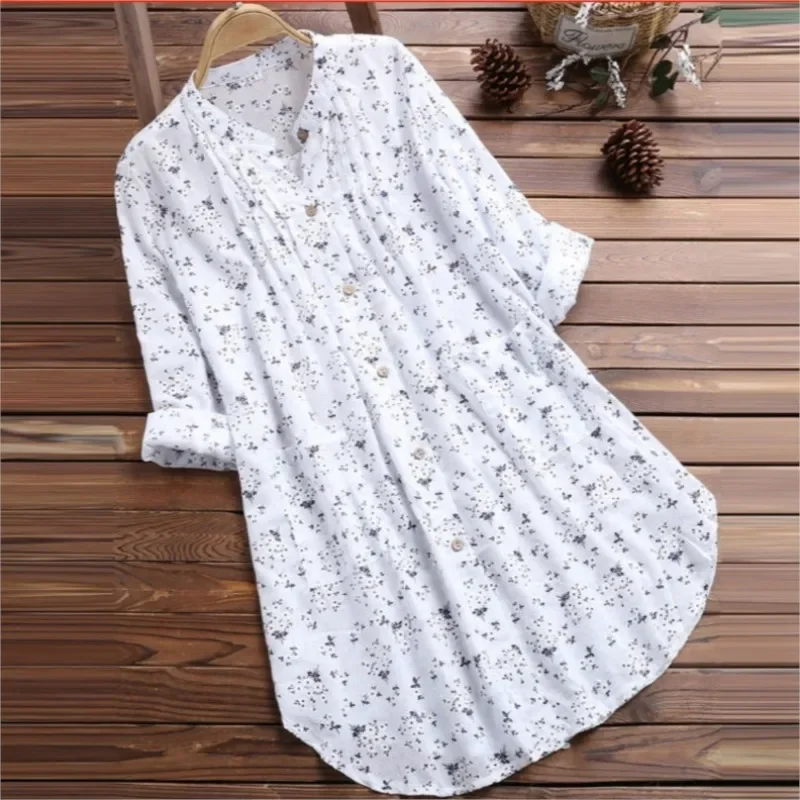 

Elegant Long Shirt Cotton Linen Women Fashion Floral Print Loose Blouses And Tops Spring Autumn Full Sleeve Shirts Femme