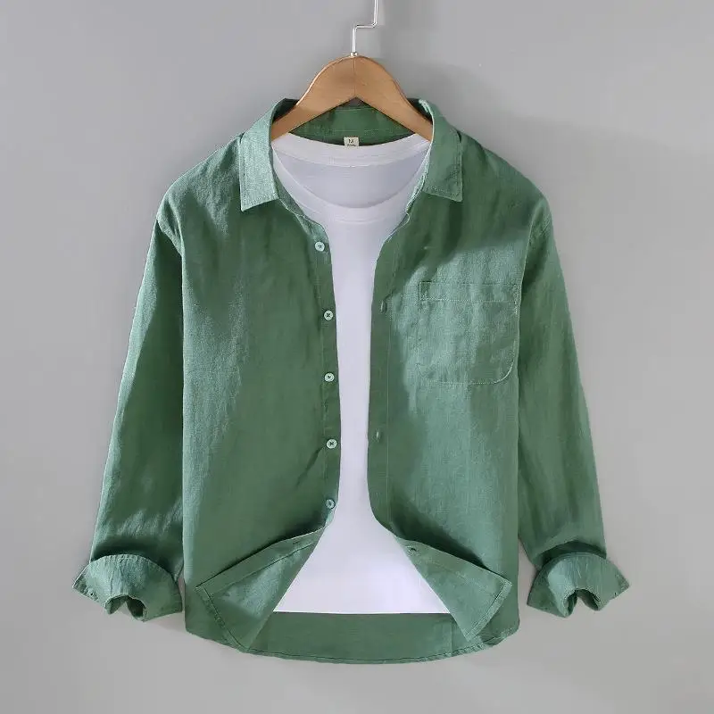 الرجال الكتان الخالص طويل Sve رقيقة تنفس irt الرطوبة ng خفيفة الوزن الربيع الصيف عارضة الياقة الكلاسيكية irt