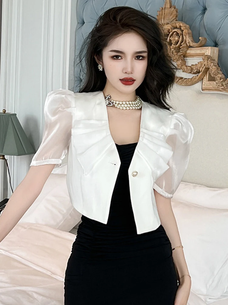 Summer Women Short Suit Satin Formal Chic Peter Pan Collar Cropped Coat Blazer Jacket Ladies Mujer Outwear Street Clothes Outfit